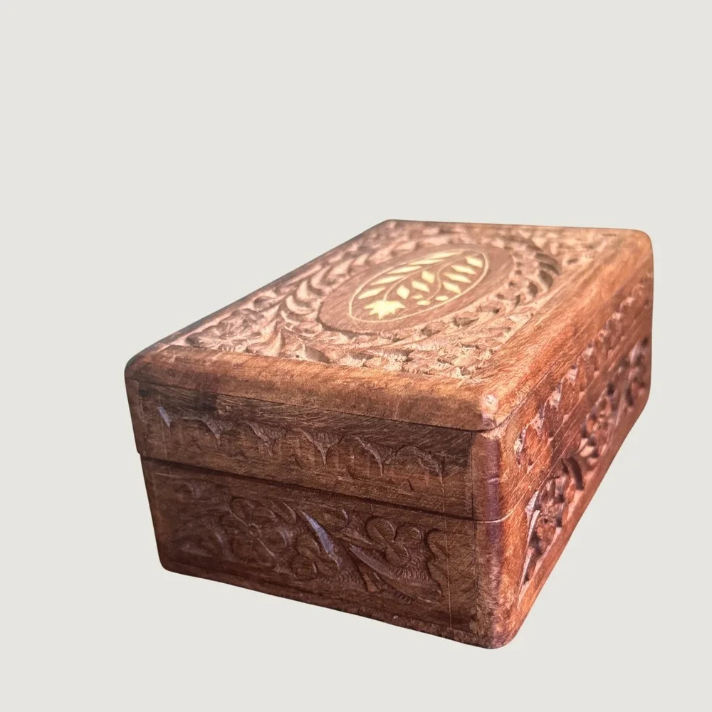 Vintage Hand Carved Wooden Jewelry Box Floral Inlay Lined Trinket Box